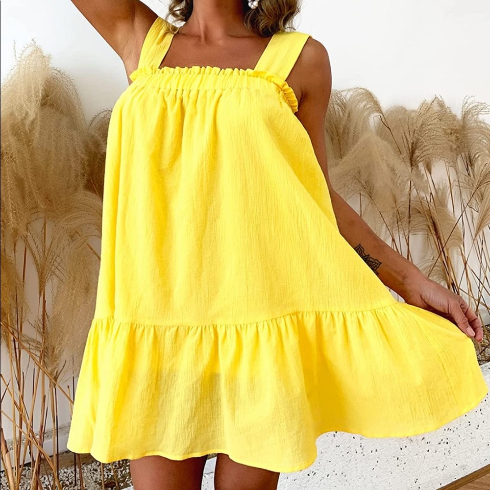 Bow Spaghetti Strap Ruffle Dress - Yellow - Large - New With Tags
